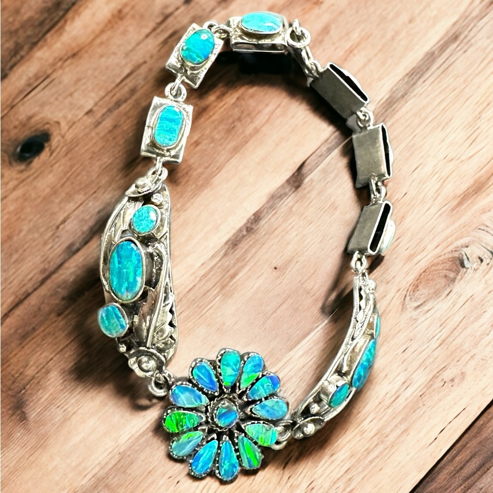 Native Blue Fire Opals Solid Sterling Silver Bracelet - Picture 3 of 10